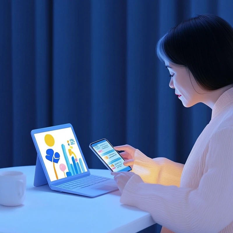 미국 관세 이슈로 불안한 직장인 워킹맘이 야간에 노트북으로 연금 ETF 포트폴리오 성과를 확인하며 스마트폰으로 최신 관세 뉴스를 검토하는 장면. 연금 ETF, 미국 관세 영향, 투자 포트폴리오 관리, 금융 대응, 직장인 재무 계획 관련 상황을 서정적으로 표현.