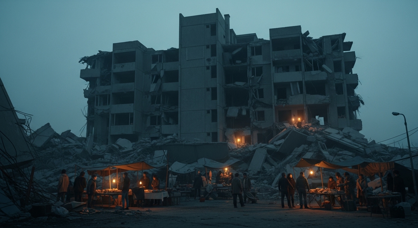 붕괴된 아파트 건물 아래 형성된 임시 시장에서 사람들이 물건을 교환하는 모습을 담은 영화 '콘크리트 마켓'의 주요 장면.