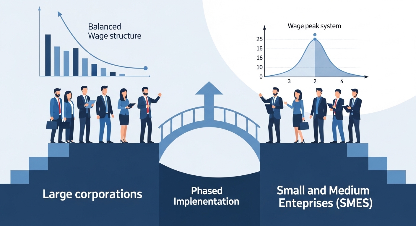 대기업과 중소기업이 단계적으로 정년연장을 적용받는 모습과 임금피크제를 상징하는 그래프. 기업 규모별 정책 변화와 임금체계 개편을 나타냅니다.