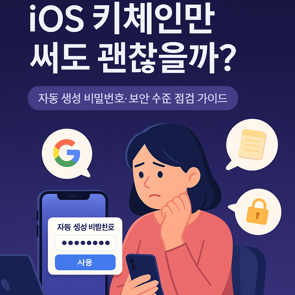 퍼플 톤 배경, 아이폰 비밀번호 팝업을 보며 고민하는 여성과 주변 선택 아이콘 일러스트