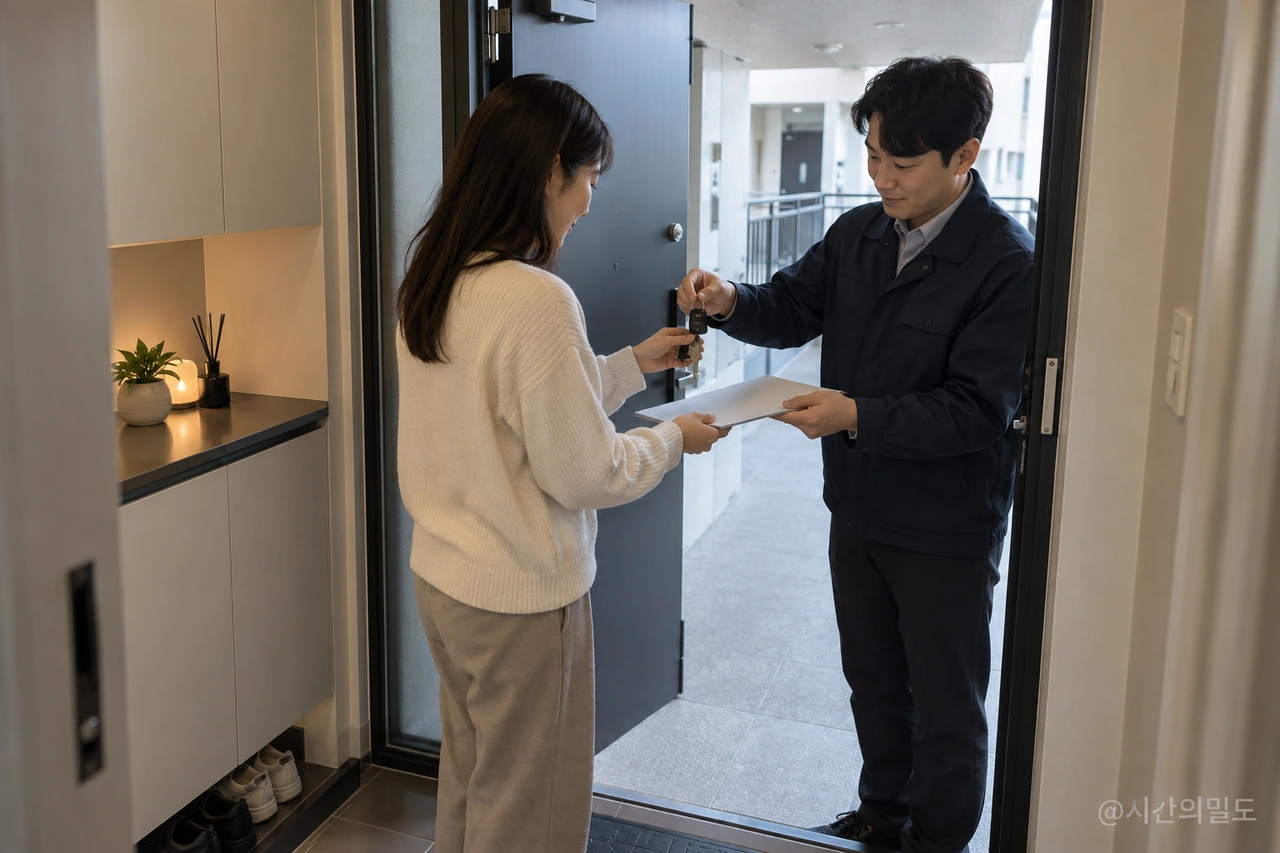 한국 아파트 현관에서 열쇠와 인도자료를 함께 확인하는 가상 입주자