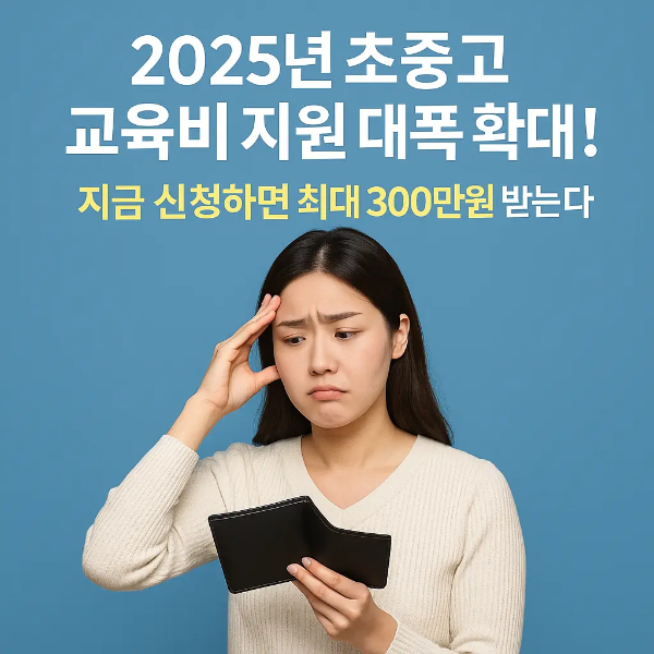 지갑을 들고 걱정하는 표정의 젊은 여성과 '2025년 초중고 교육비 지원 대폭 확대! 지금 신청하면 최대 300만원 받는다'라는 텍스트가 함께 있는 이미지