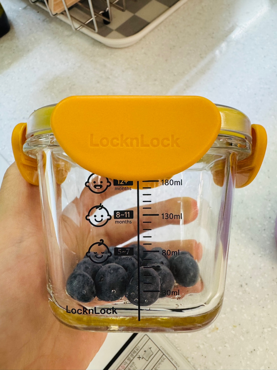 LocknLock 유리 이유식 용기에 소분된 블루베리와 아기 월령 눈금 표시