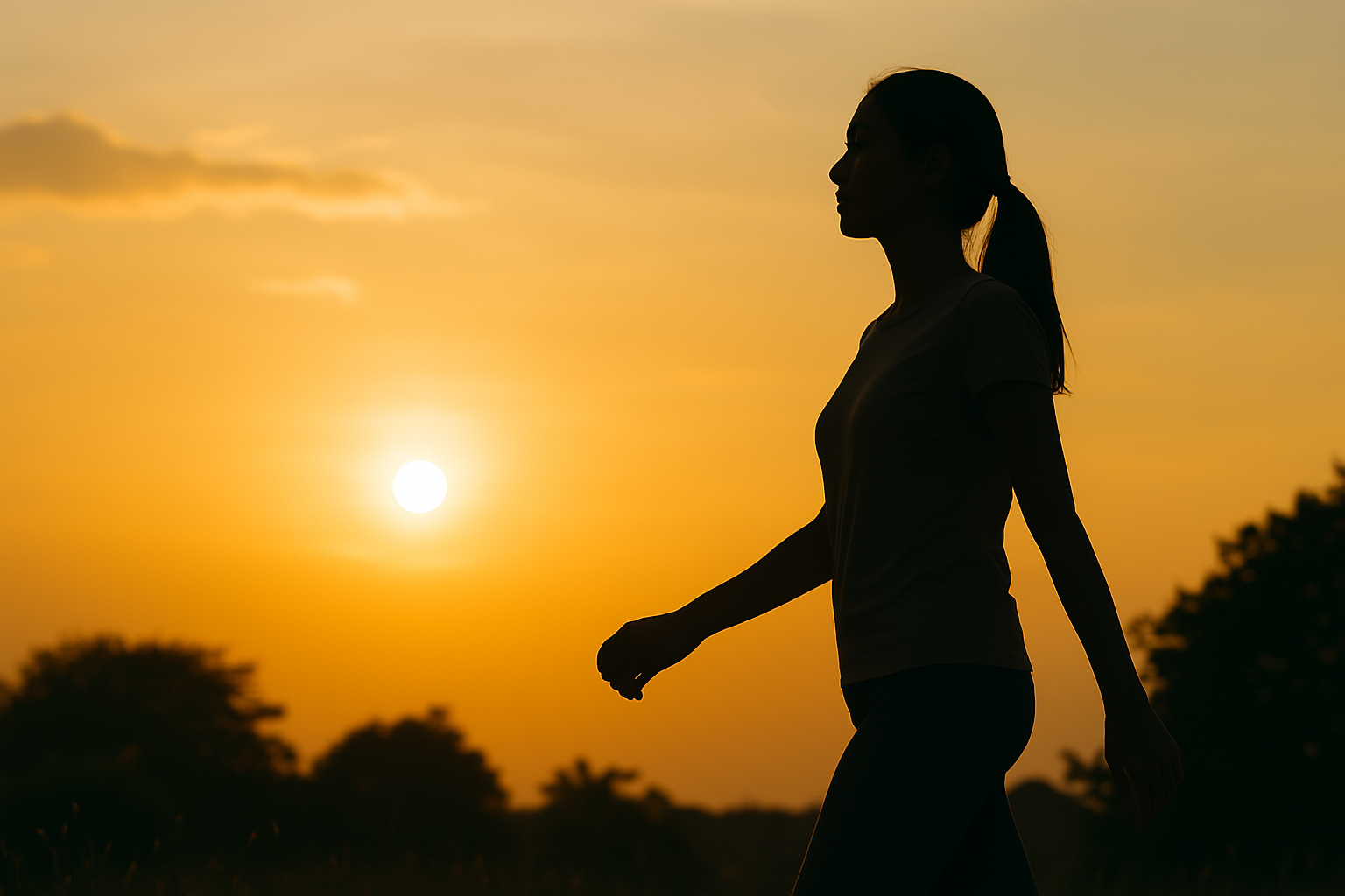 식사 후 가벼운 산책에 나선 사람의 실루엣이 저녁 햇살 아래 표현된 이미지