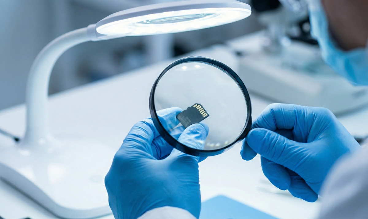 밝은 조명 아래에서 돋보기로 마이크로 SD카드 칩을 정밀하게 검사하고 있는 기술자의 장갑 낀 손