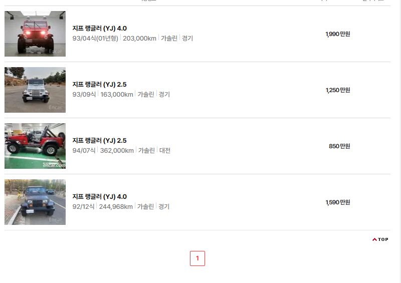 지프 랭글러 중고차 가격 시세표 유지비