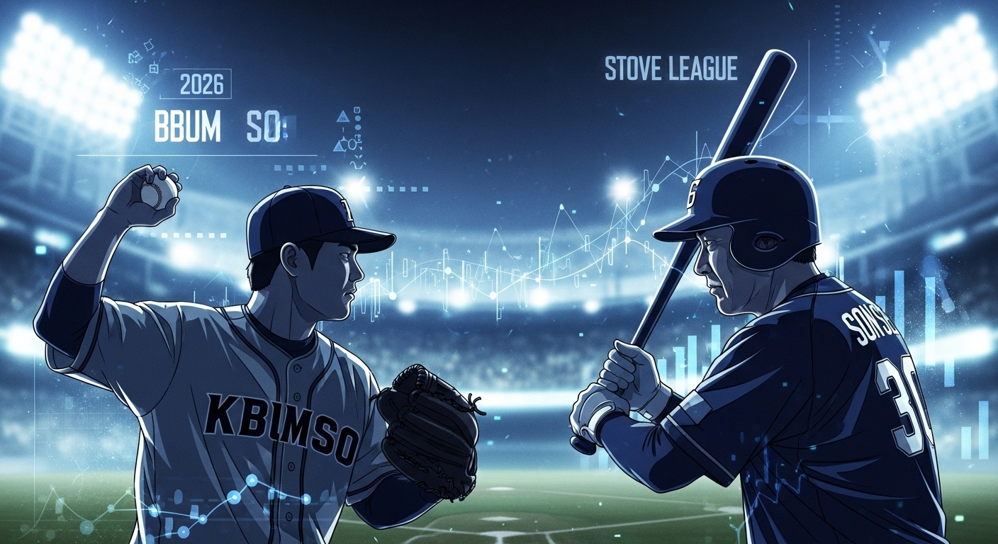 2026년 KBO 스토브리그에서 기아 타이거즈의 김범수 선수 영입 검토와 손아섭 선수의 무적 사태를 상징하는 일러스트. 협상 테이블과 데이터 분석 화면을 배경으로 투수와 타자 실루엣이 긴장감 있게 대비되는 모습.