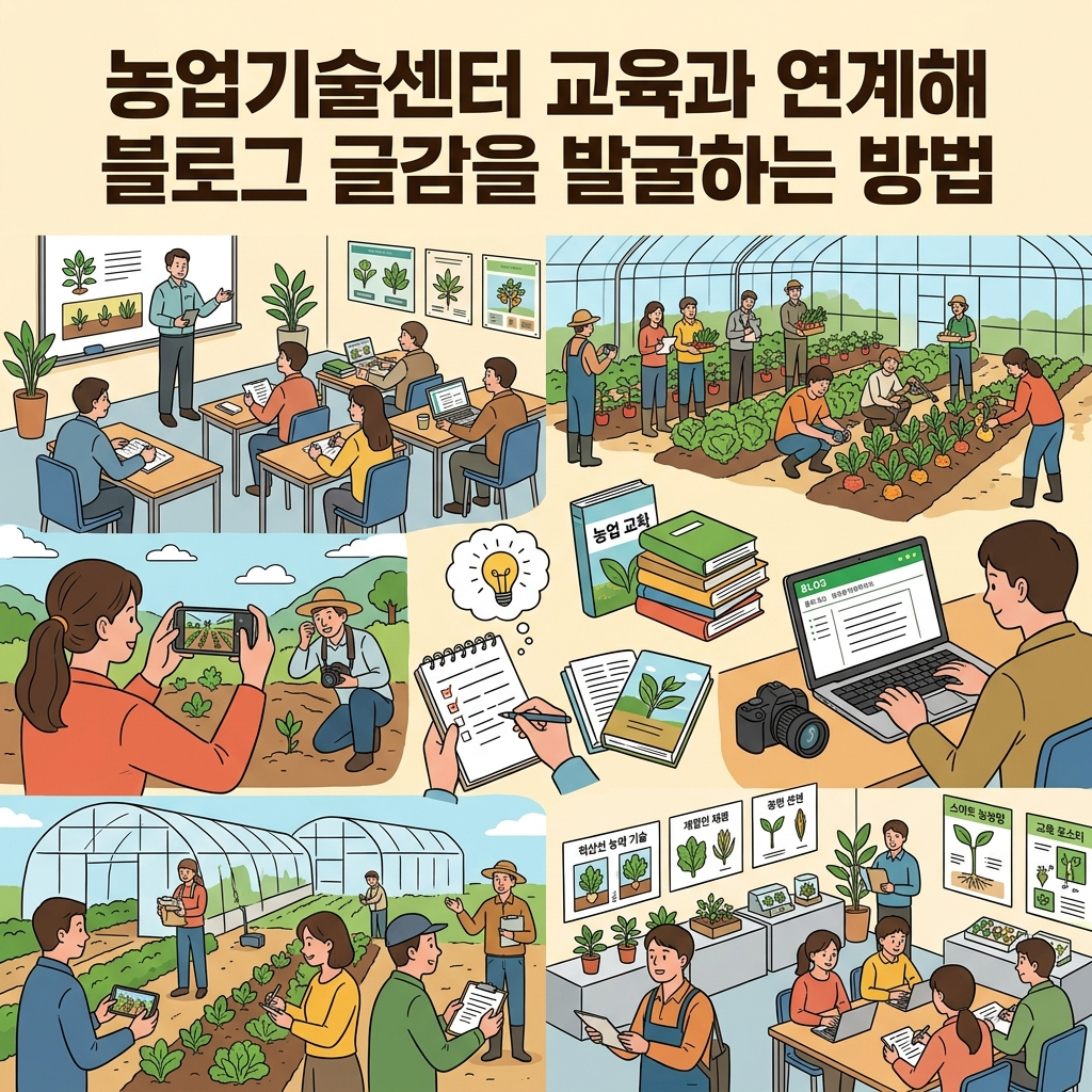 농업기술센터 교육과 연계해 블로그 글감을 발굴하는 방법을 시각적으로 표현한 일러스트