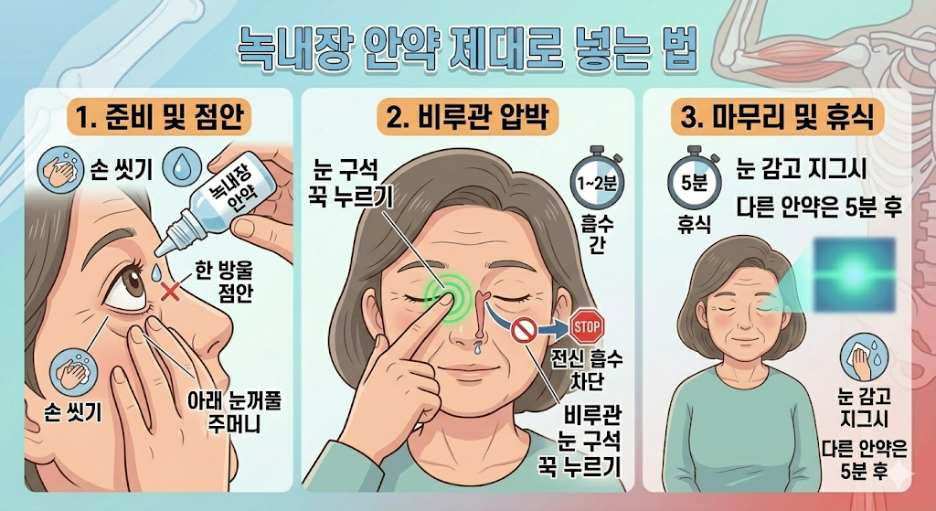 녹내장 안약 제대로 넣는 법에 관한 그림