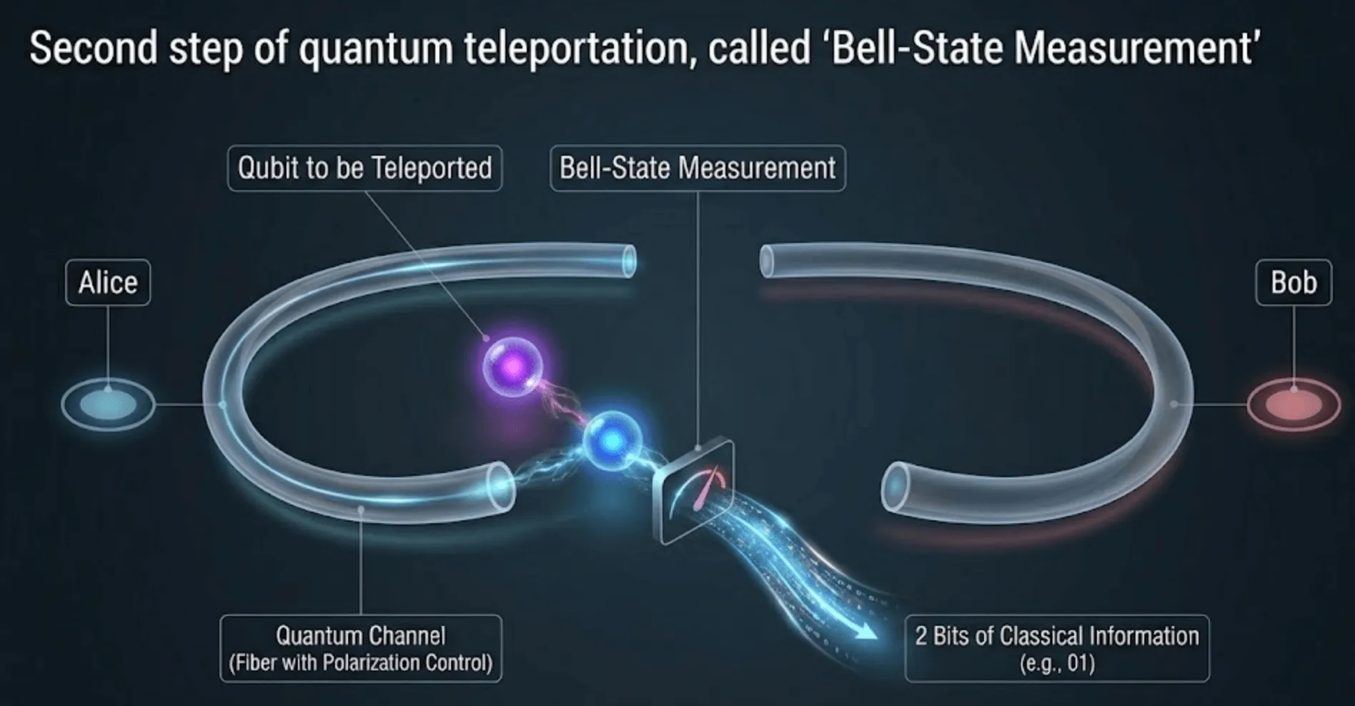 텔레포테이션의 두 번째 단계인 '벨 측정(Bell-State Measurement)'을 설명하는 이미지입니다. 송신자 앨리스 측에서 전송하려는 미지의 큐비트(보라색)와 1단계에서 받은 얽힌 광자(파란색)가 벨 측정 장치로 들어가고, 그 결과로 2비트의 고전 정보(예: 01)가 생성되어 출력되는 과정을 보여줍니다.