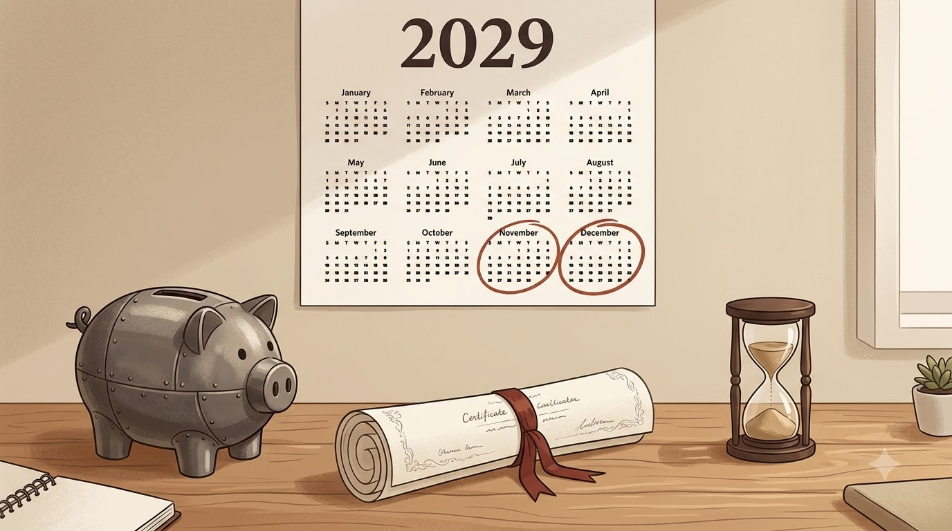 2029년이라고 적힌 달력 옆에 놓인 튼튼한 저금통과 만기 날짜가 적힌 채권 증서