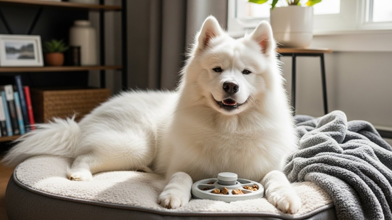 사모예드 한 마리가 집에서 편안한 침대와 노즈워크 장난감과 함께 편안하게 혼자 쉬고 있는 모습