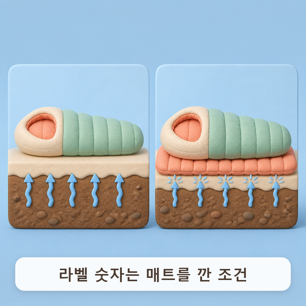 차가운 바닥과 두꺼운 매트 위 침낭을 나란히 비교한 단면도