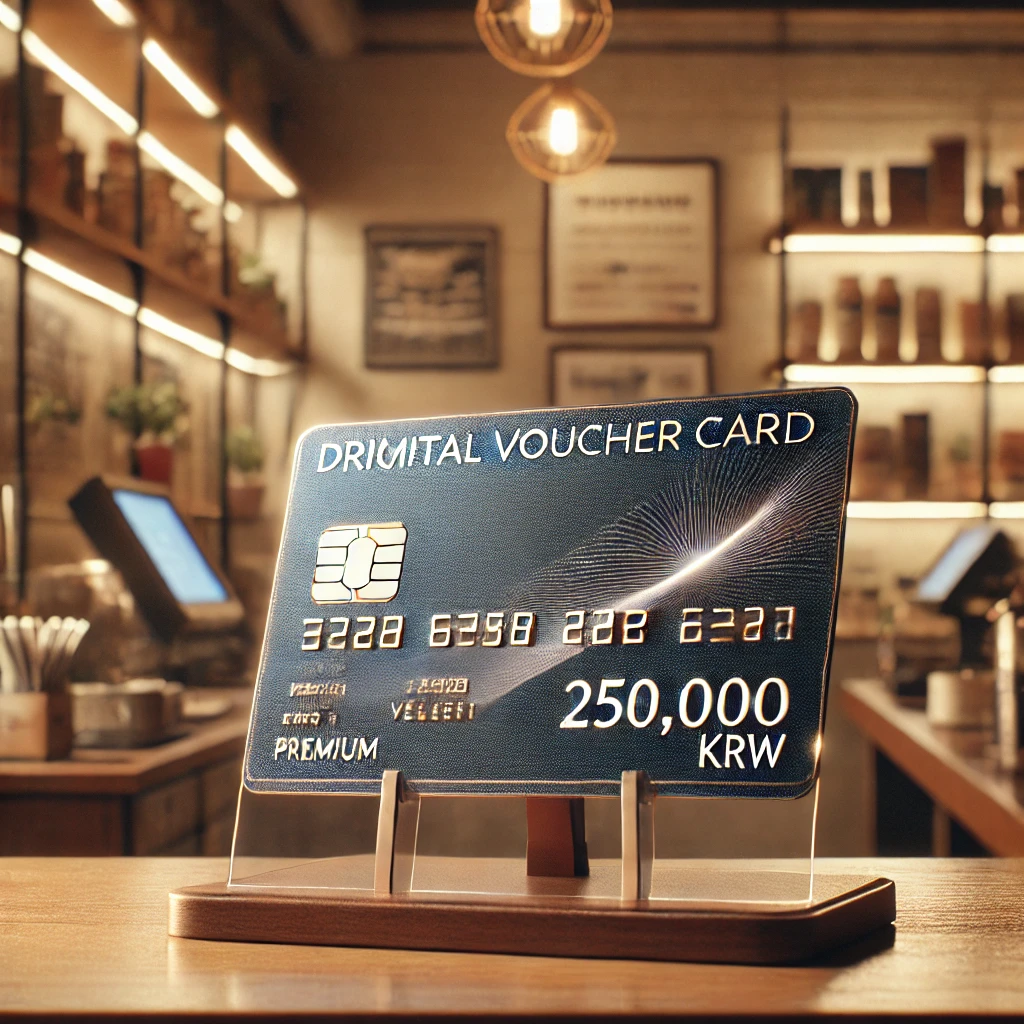 카페 카운터에 놓인 25만 원권 소상공인 경영안정 바우처 카드 이미지