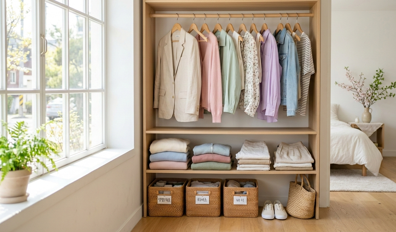 파스텔 색상 봄옷이 깔끔하게 정리된 한국 가정집 옷장