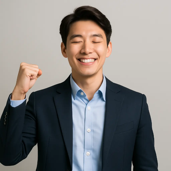 눈을 감고 환하게 웃으며 주먹을 쥐고 자신감 있게 포즈를 취한 청년 남성의 텍스트 없는 인물 이미지