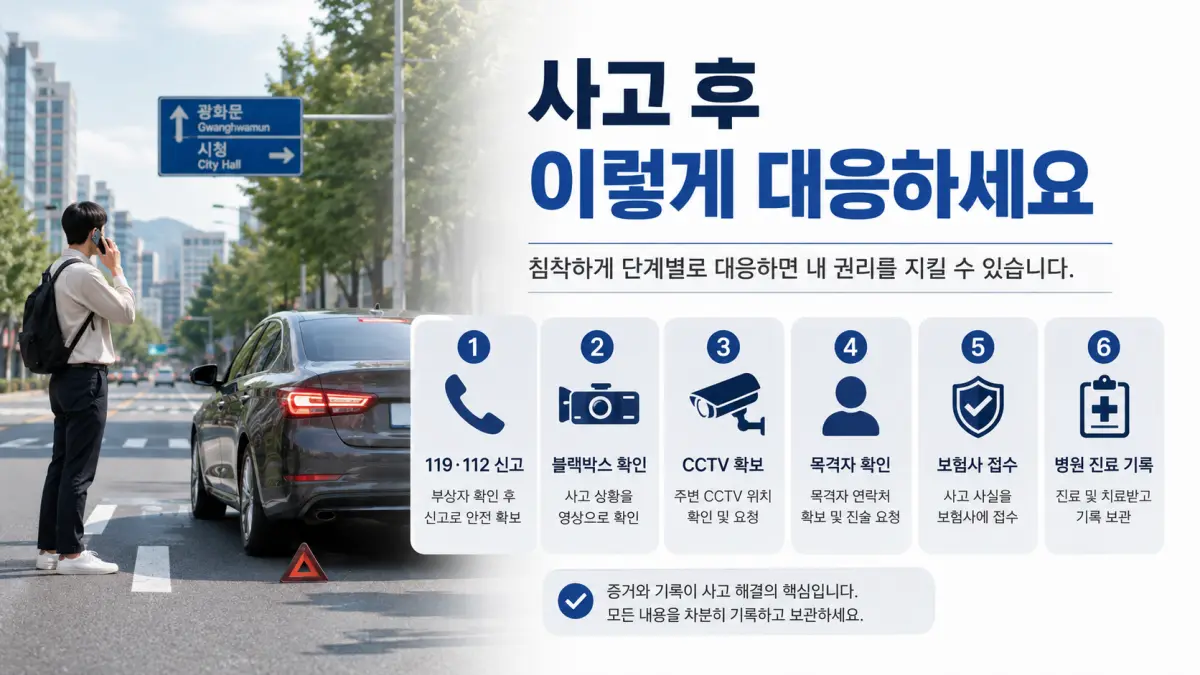 무단횡단 교통사고 발생 후 119 112 신고 블랙박스 CCTV 보험사 접수 절차 인포그래픽