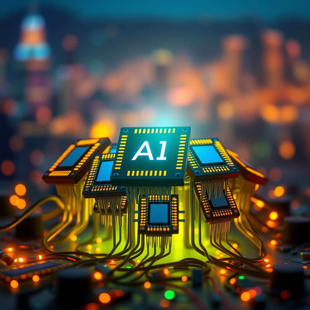 작지만 강한 빛을 내는 AI 반도체 칩들이 여러 개 모여 큰 빛을 발산하는 형상으로, 다양한 스타트업들이 모여 산업에 활력을 불어넣고 있음을 표현합니다. 배경에는 도시의 스카이라인이나 연구실 분위기를 은은하게 배치하여 혁신의 공간임을 암시하고, 역동적인 조명과 색상으로 새로운 아이디어와 창의성을 부각