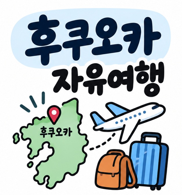 후쿠오카 지도와 비행기 아이콘 옆에 후쿠오카 자유여행이라는 제목이 크게 적힌 대표 썸네일