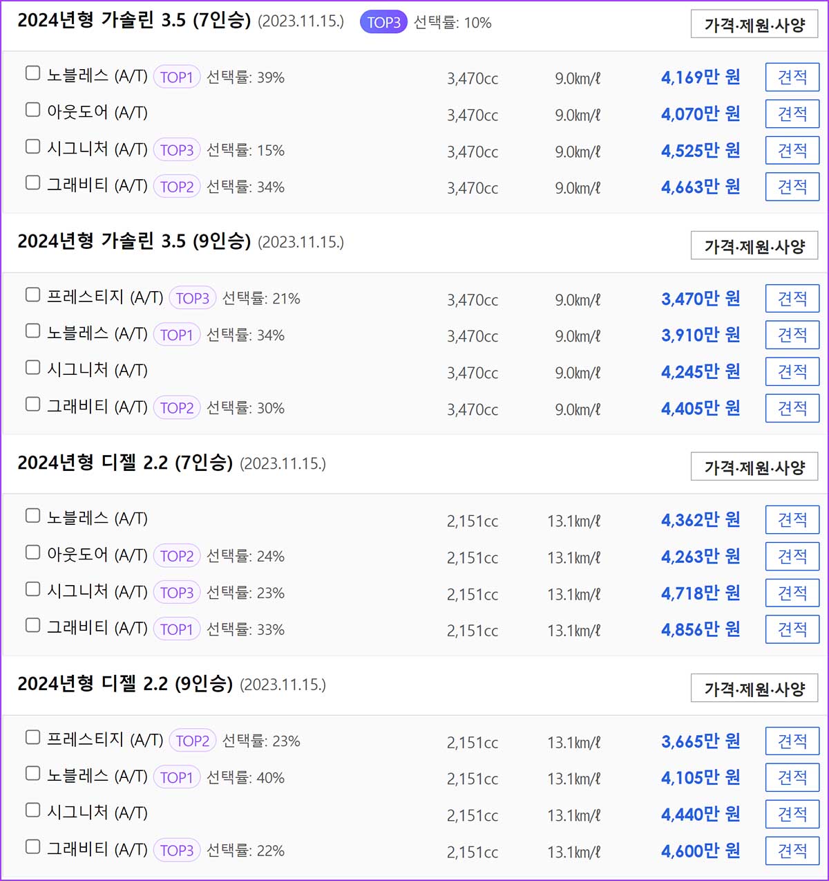 카니발 가격표 카탈로그 다운로드