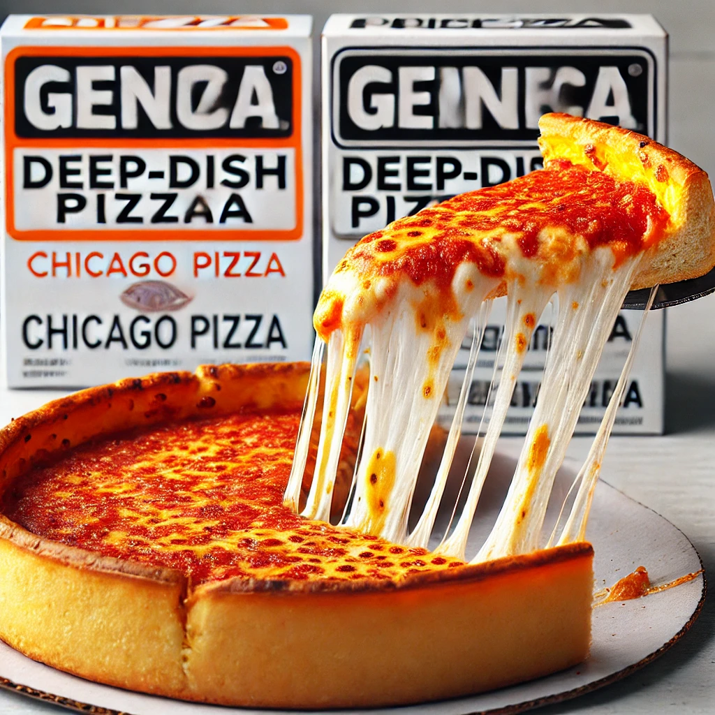 도톰한 딥디쉬 피자 단면과 치즈가 늘어나는 모습, 두 브랜드 로고가 나란히 있는 이미지