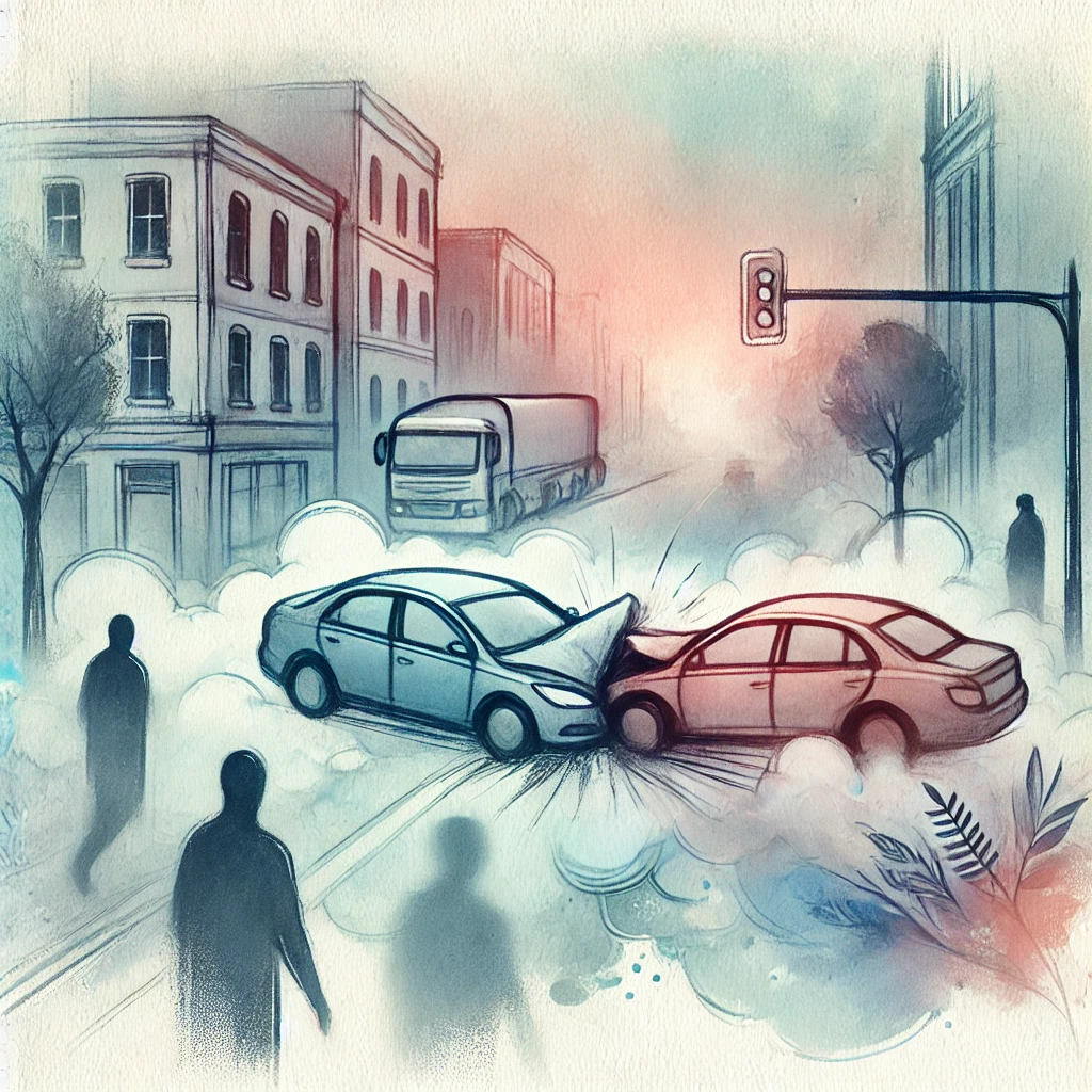도시의 한 도로에서 자동차끼리 정면충돌 한 모습, 사람들이 주변에서 목격했고, 뒤에는 버스가 오다가 멈췄다.