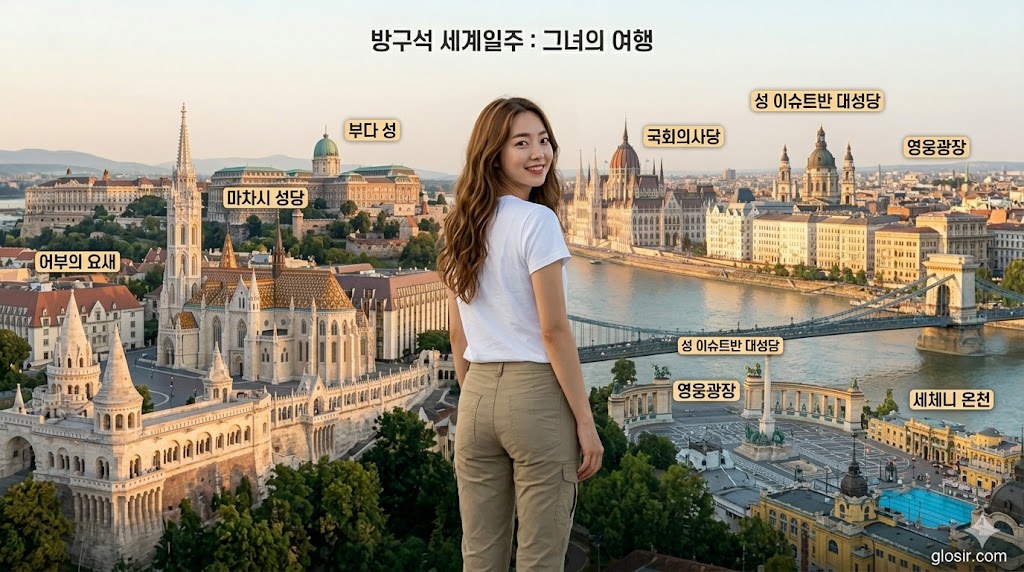 부다페스트 어부의 요새, 국회의사당, 성 이슈트반 대성당 등 7가지 주요 명소가 통합된 헝가리 파노라마 배경을 향해 뒤돌아보며 밝게 웃는 한국 여성 뒷모습과$$방구석 세계일주 그녀의여행$$glosir.com 브랜딩 콜라주