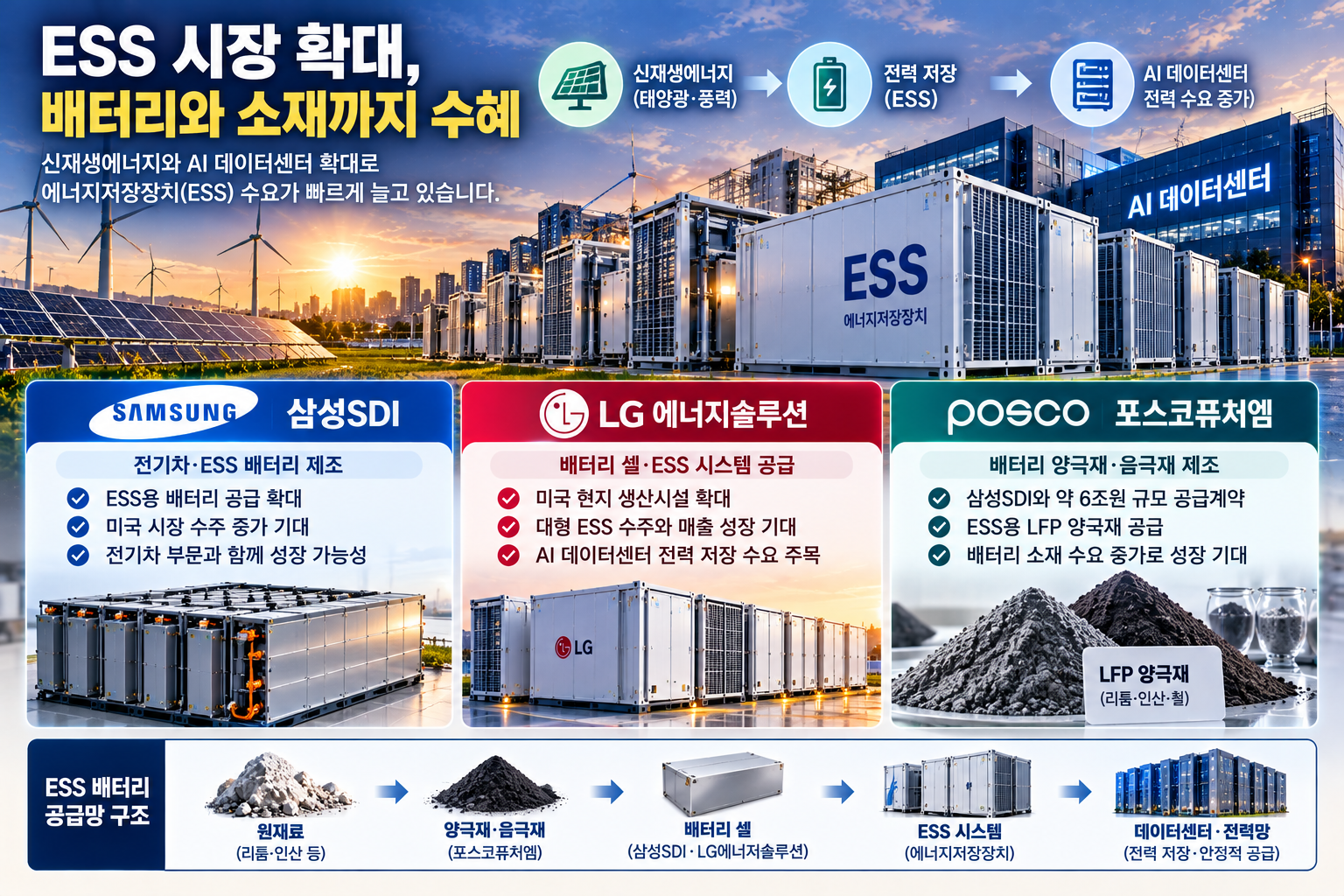 ESS 관련주 삼성SDI·LG에너지솔루션·포스코퓨처엠의 배터리 제조와 LFP 양극재 공급망 및 미국 에너지저장장치 시장 확대