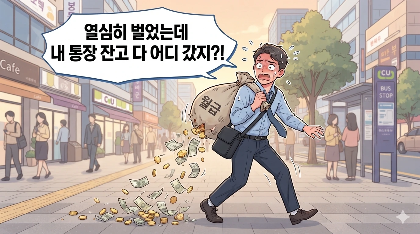 열심히 번 돈이 터진 자루 밑으로 새어 나가는 것을 보며 당황하는 직장인 캐릭터와 말풍선이 담긴 가로형 웹툰 일러스트