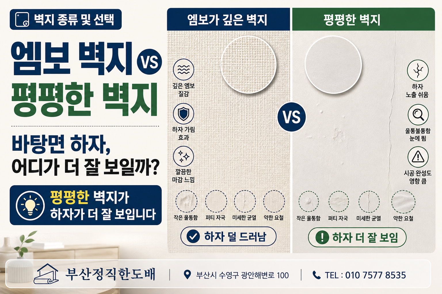 엠보가 깊은 벽지와 평평한 벽지, 바탕면 하자가 더 잘 보이는 쪽은?|벽지 종류 및 선택