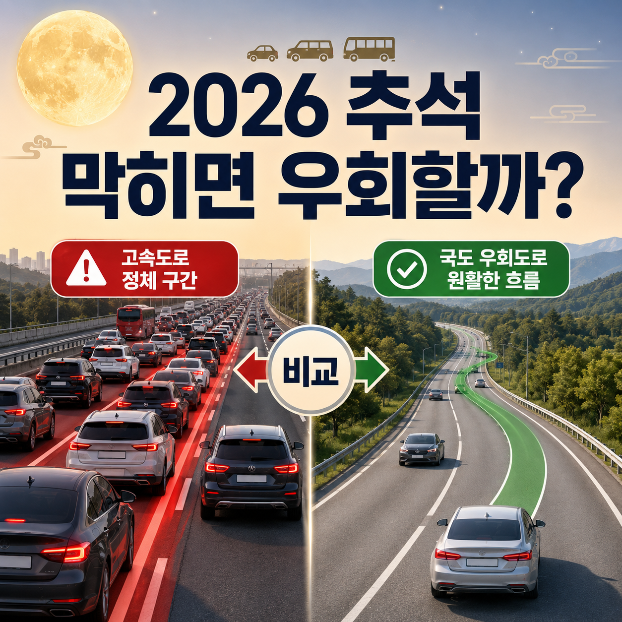 2026 추석 고속도로 정체 시 우회도로와 국도를 비교하는 안내 이미지