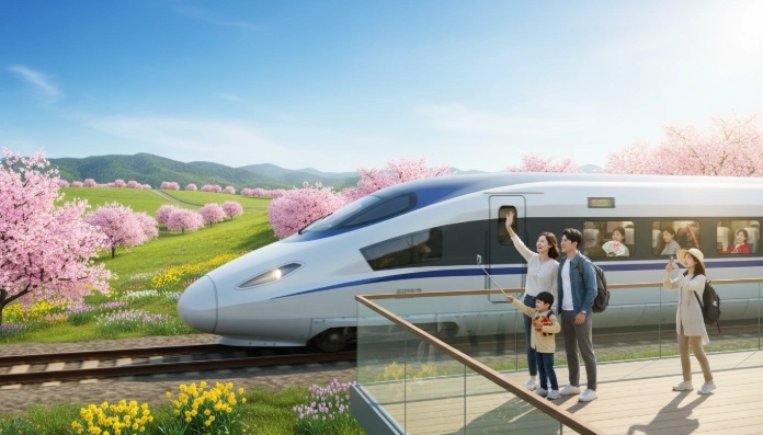 2026년 봄, 벚꽃이 만개한 푸른 들판을 가로지르는 KTX 기차의 역동적인 모습. 창밖을 바라보는 행복한 승객들의 모습이 기차 여행의 설렘과 자유를 잘 보여줍니다.