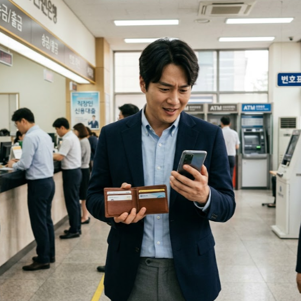 모바일 운전면허증으로 은행 신분 확인을 하는 한국인 남성