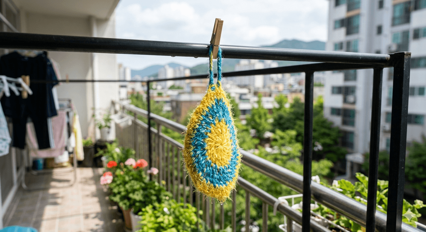 통풍되는 곳에 걸어둔 수세미 사진