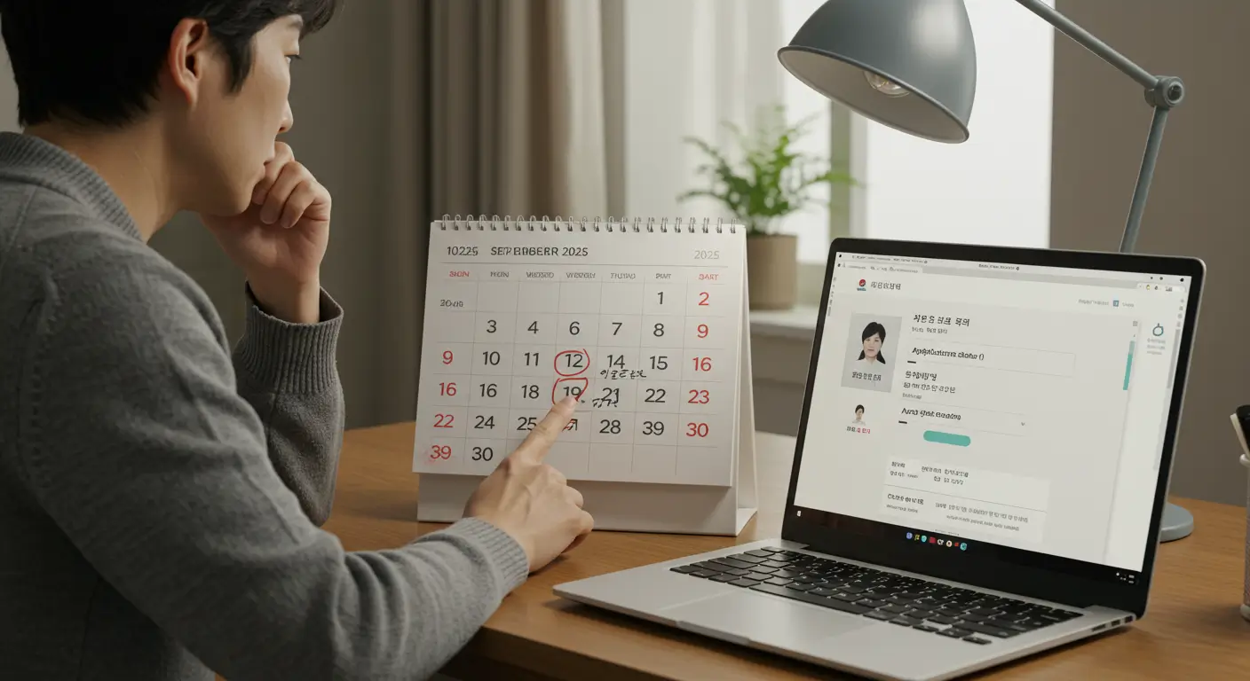 한 차주가 조기폐차 지원금 신청 후, 달력을 보며 지급 기간을 계산하고 노트북으로 진행 상황을 확인하며 기다리는 모습