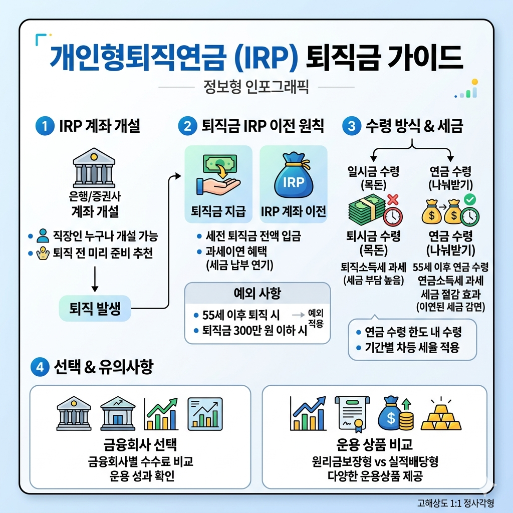 IRP 퇴직금 수령방법｜계좌개설&middot;세금&middot;일시금&middot;연금수령 차이 인포그래픽