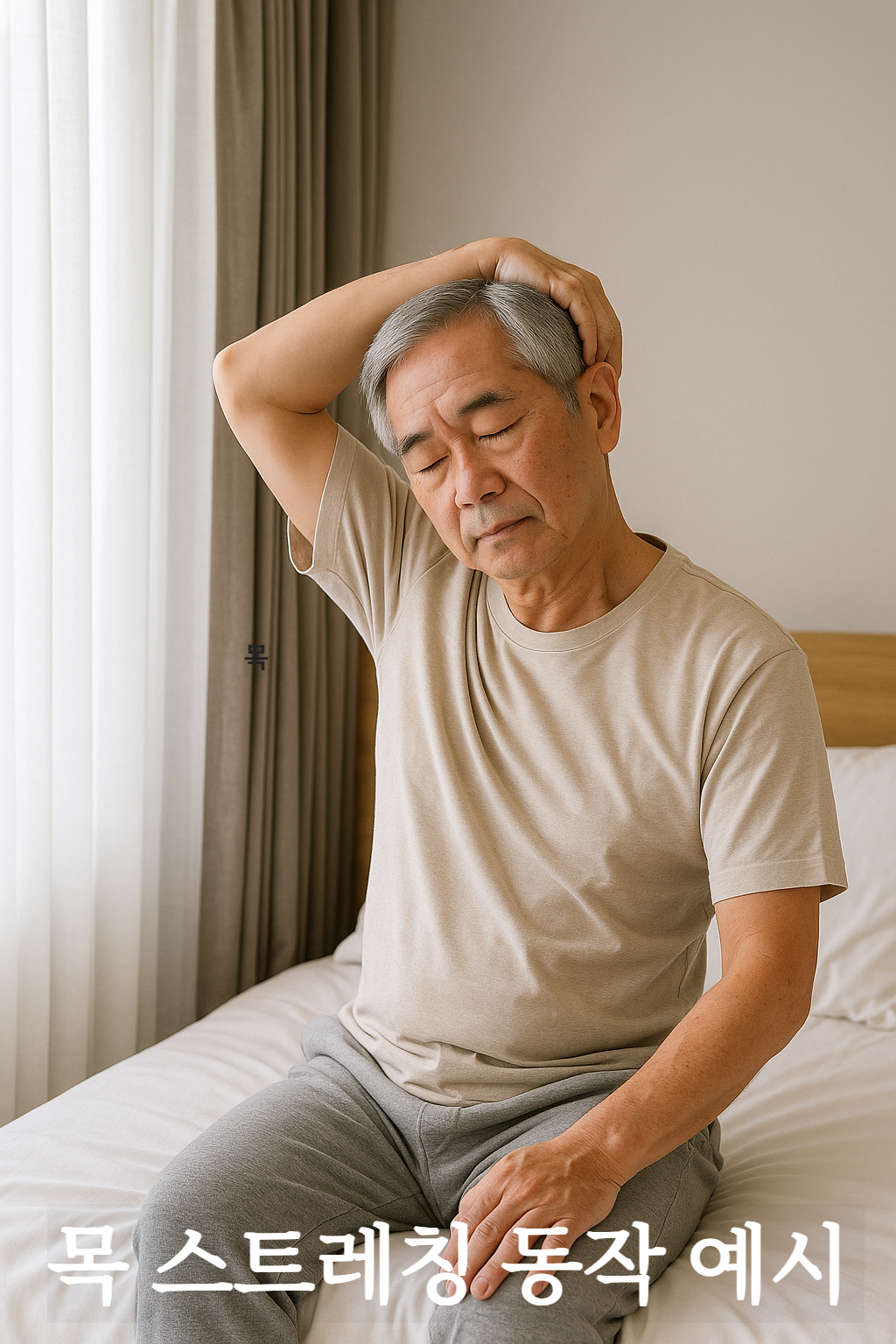 침대에 앉아 한 손으로 머리를 잡고 목 옆 근육을 스트레칭 하는 60대 남성