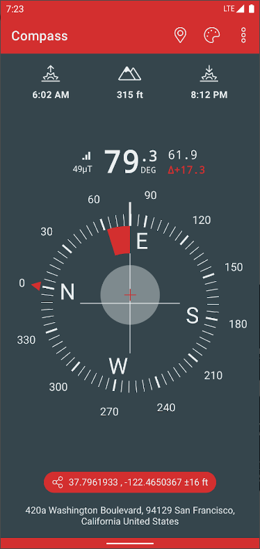 나침반 어풀, 지리적 북쪽 및 해발 고도 측정, 일출 및 일몰 시간 제공