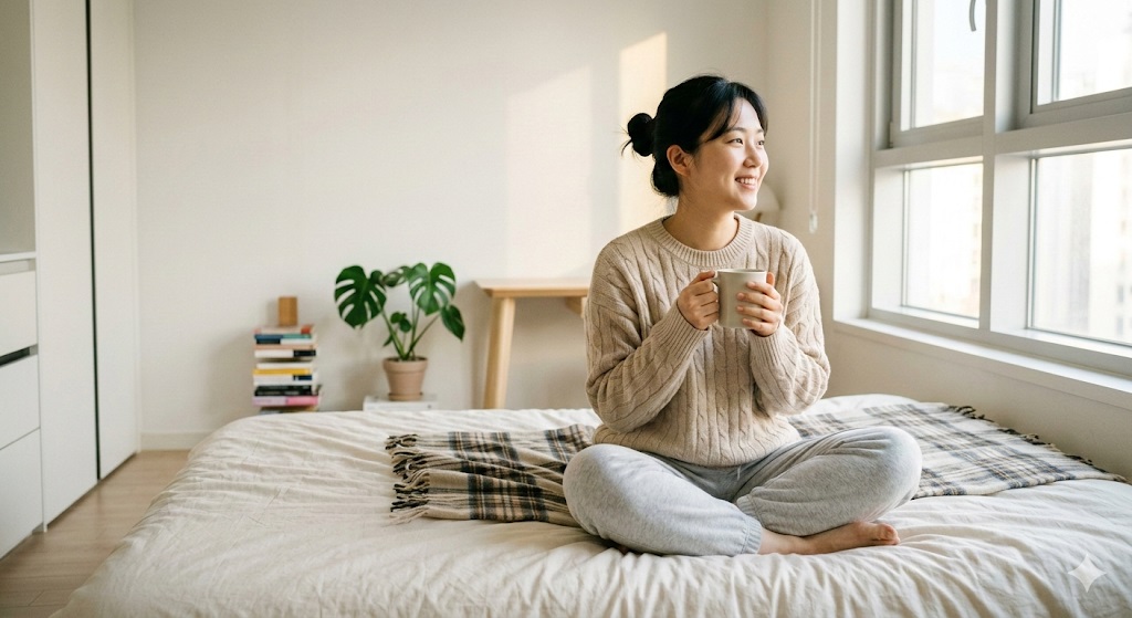 개운한 아침에 일어나 따뜻한 물을 마시는 활기찬 모습, 올바른 수면 습관