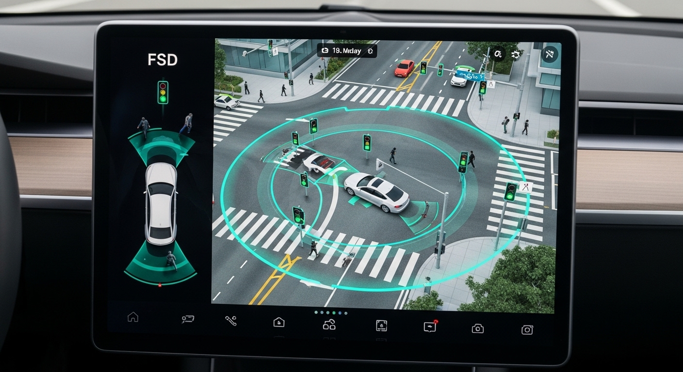 테슬라 차량 내부 FSD 화면에 복잡한 도시 교차로를 인지하고 주행하는 자율주행 시스템 시각화.