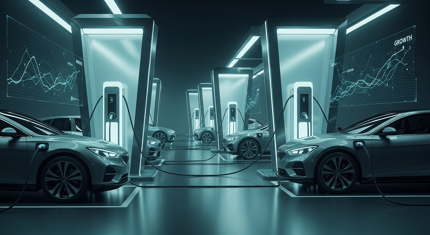 초록색과 회색빛이 도는 미래형 전기차 충전소에서 여러 전기차가 충전 중인 모습. 효율성과 최신 기술을 상징하는 디자인으로, 안정적인 충전 인프라를 강조합니다.