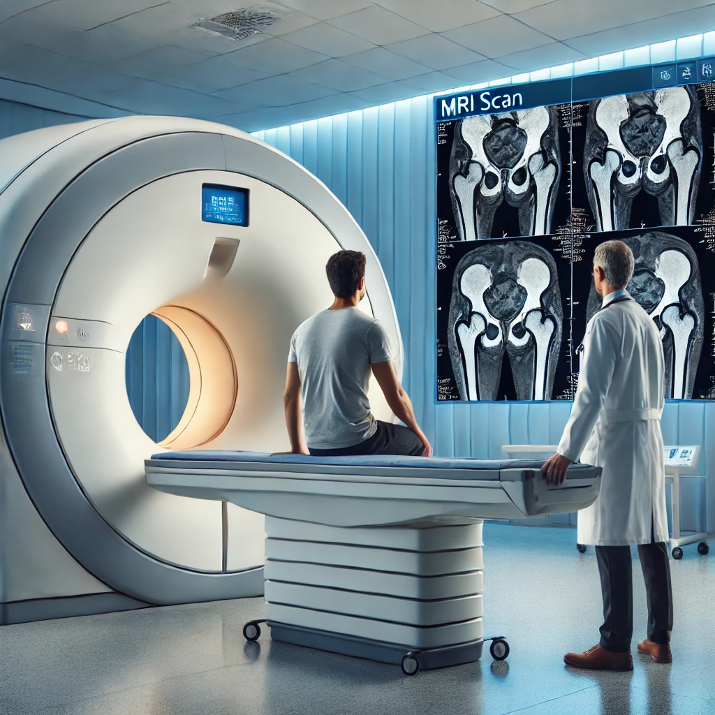 MRI 검사를 통해 고관절 상태를 진단하는 환자