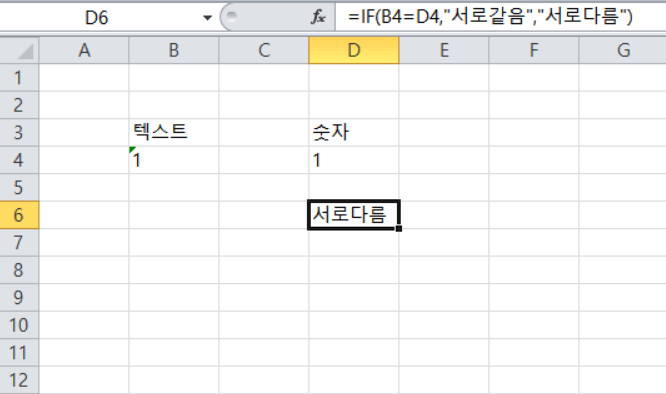 텍스트 "1"와 텍스트서식인 숫자1은 서로다르다는 화면 예시