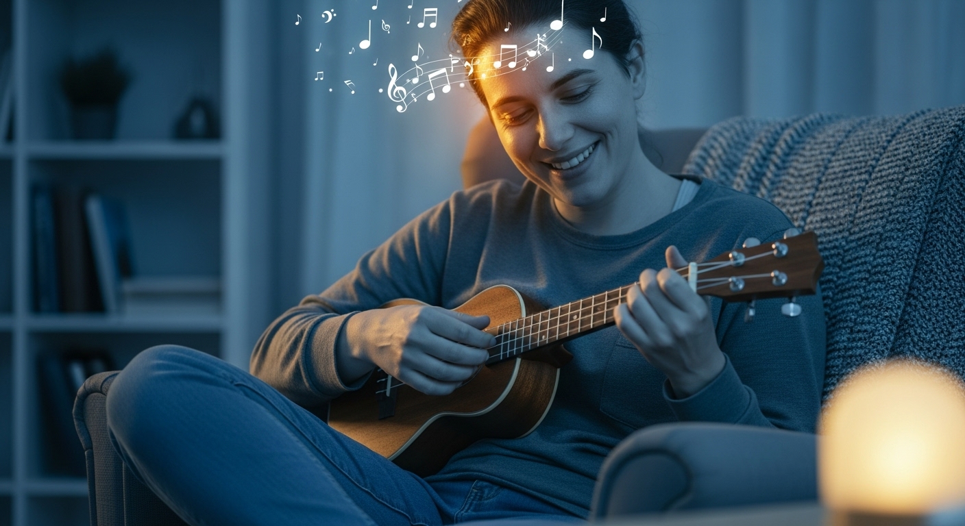 새로운 취미로 우쿨렐레를 배우며 즐거워하는 사람의 모습, 뇌에 긍정적인 자극을 주는 새로운 학습 활동을 상징.