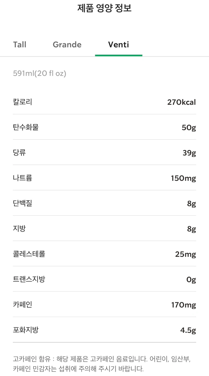아이스 마롱 헤이즐넛 라떼 영양성분 입니다. 