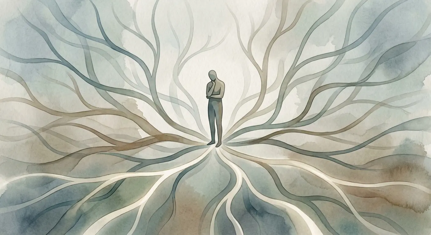 An illustration showing a person unable to stop judging, surrounded by unfinished thoughts