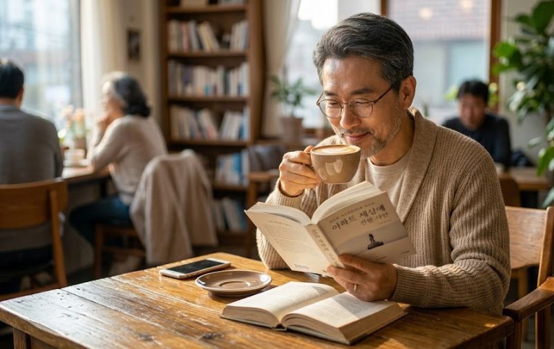 50대 중년의 여유롭게 커피를 마시며 독서하는 일상 사진