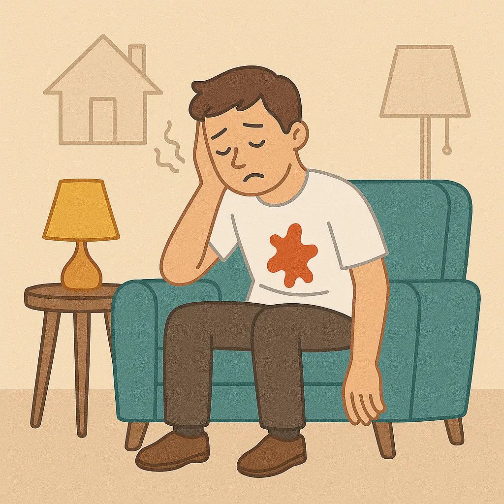 집 안 소파에 앉아 피곤해하는 남성을 묘사한 일러스트