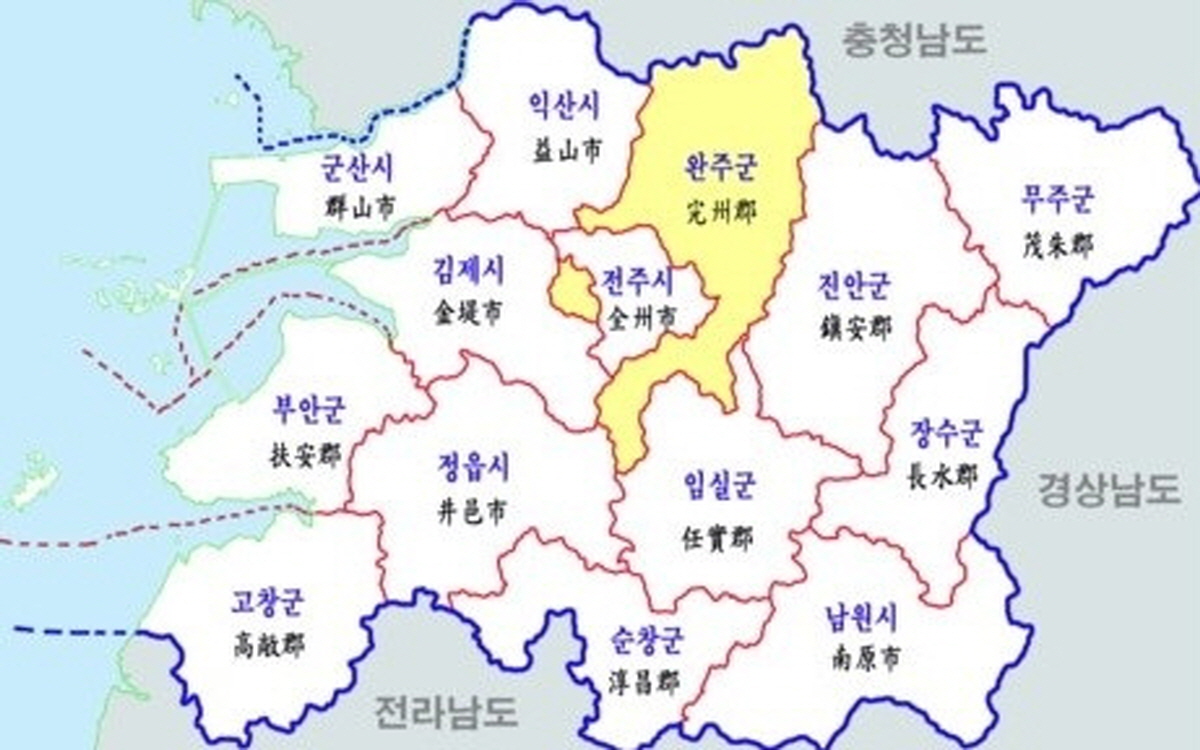 전라북도의 시군별 행정구역 지도