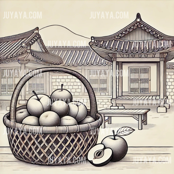 자두와 능금이 담긴 전통 대나무 바구니가 놓인 한옥 마당의 차분한 풍경.